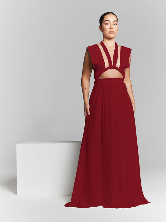 Burgundy Recycled Pleated Flared Maxi Skirt