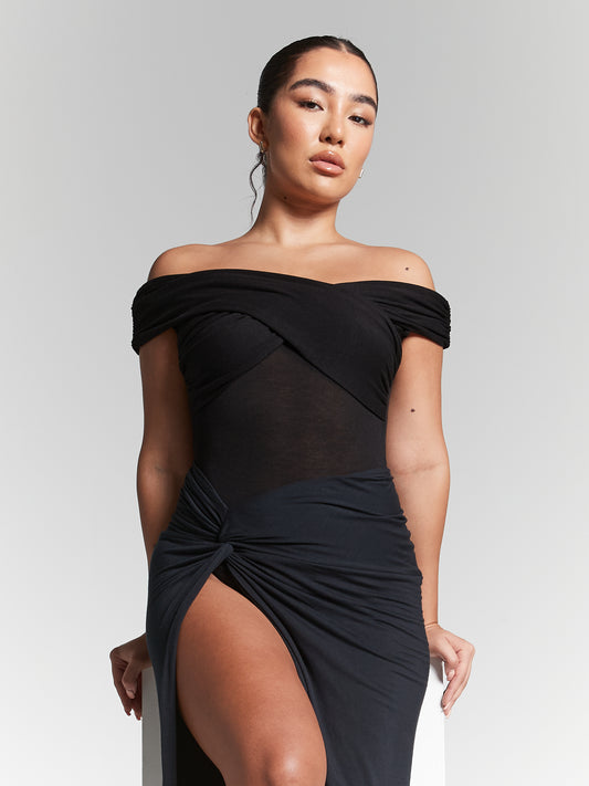 Rhea Black Multiway Ruched Bardot Bodysuit