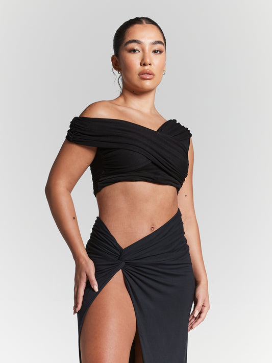 Lexi Black Recycled Ruched Knot Midi Skirt