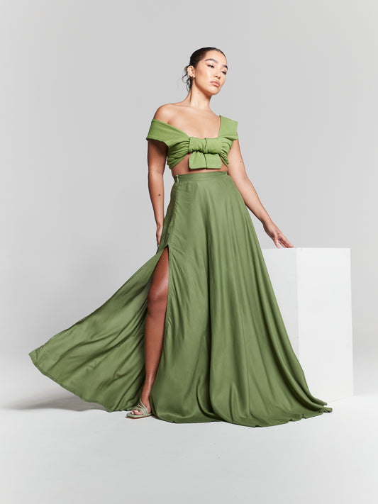 Olive Green Recycled Split Flared Maxi Skirt