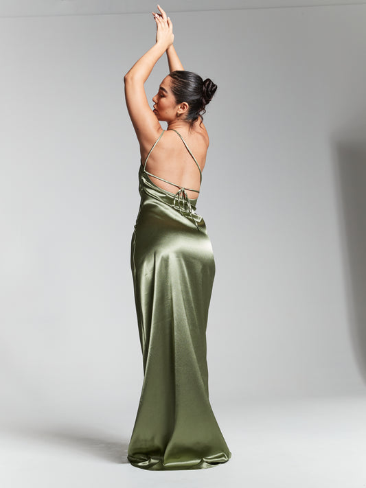 Olive Green Recycled Silk One Shoulder Maxi Slip Dress