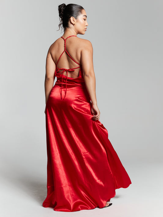 Red Recycled Silk Maxi Split Dress