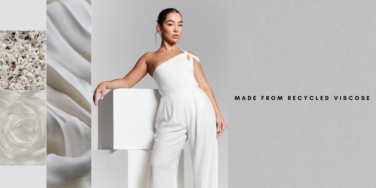 Sustainable Recycled Eco Rayon Tercel Viscose High Waisted Wide Leg Trousers and White Recycled One Shoulder Knot Multiway Bodysuit Top