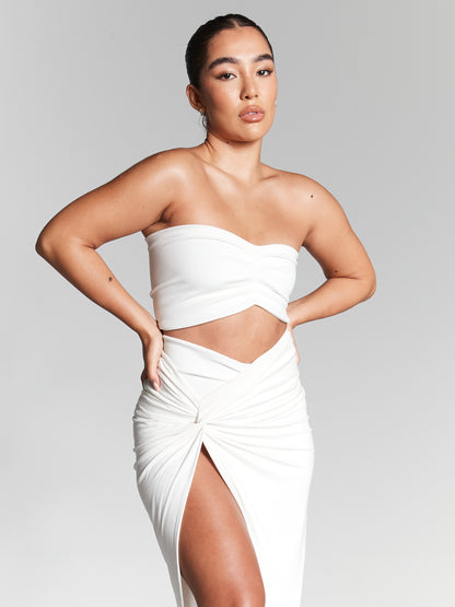 ruched knot skirt set," "ivory bandeau top", "summer ruched skirt." "stylish ruched skirt," "comfortable bandeau top," "casual knot skirt.""affordable ruched knot skirt," "buy bandeau top online," "best ruched skirt deals