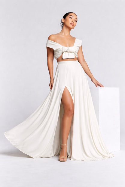 Ivory Split Hem Flared Maxi Skirt