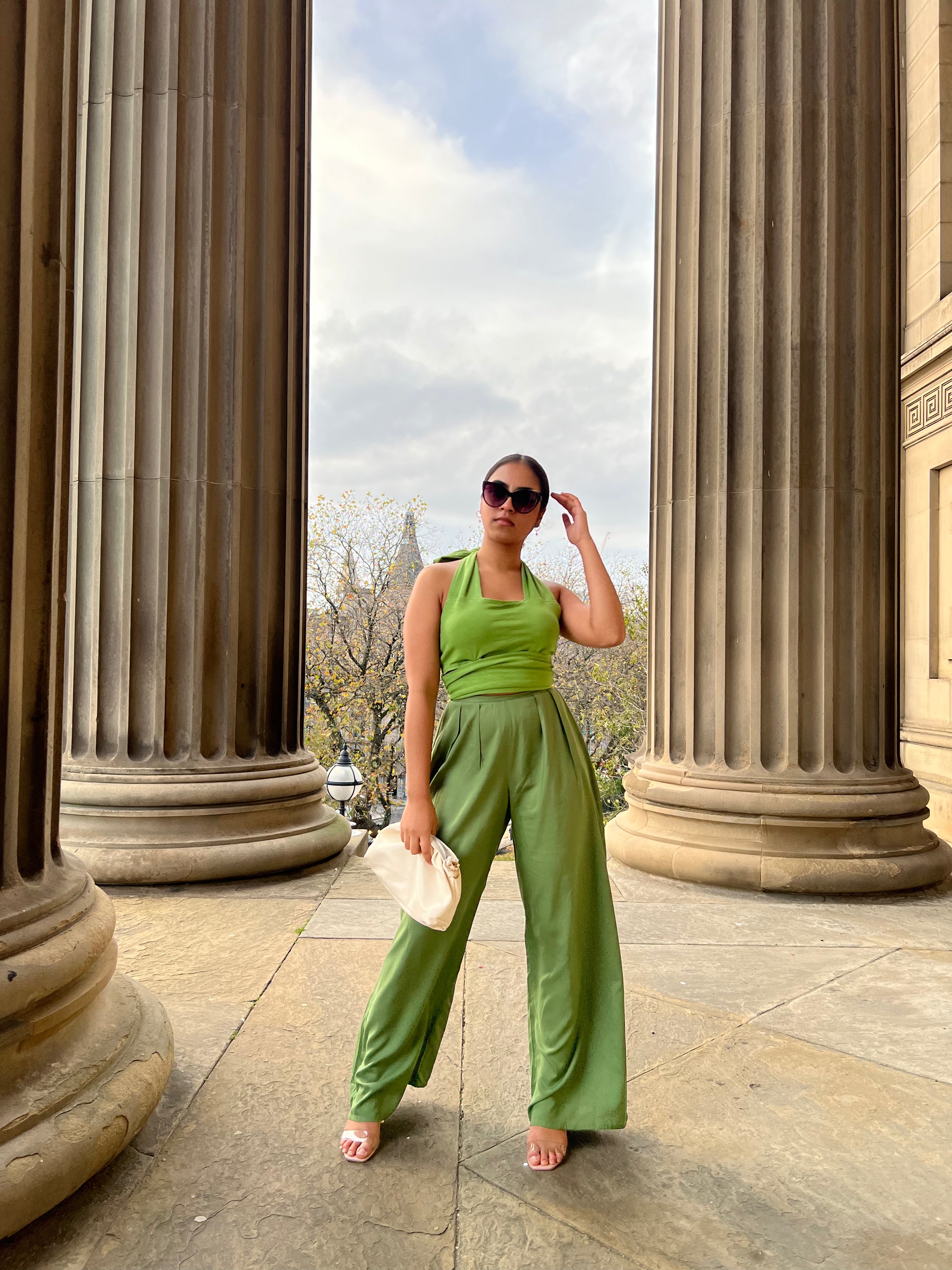 Olive wide leg trousers clearance