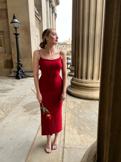 Get the Perfect Fit with Our Recycled Ruched Back Bodycon Dress" "Upgrade Your Wardrobe Sustainably: Dipped Hem Dress from Recycled FabricsDress Responsibly Recycled Ruched Back Dipped Hem Bodycon Fashioning a Greener Future: Recycled Ruched Back DressElegance Meets Sustainability: Recycled Dipped Hem Bodycon Dress handmade in UK made to order customisable dipped back Midaxi dress with pleated ruched detailing to bum adjustable self-tie slim straps. sexy open back midi dress sexy red slinky dress