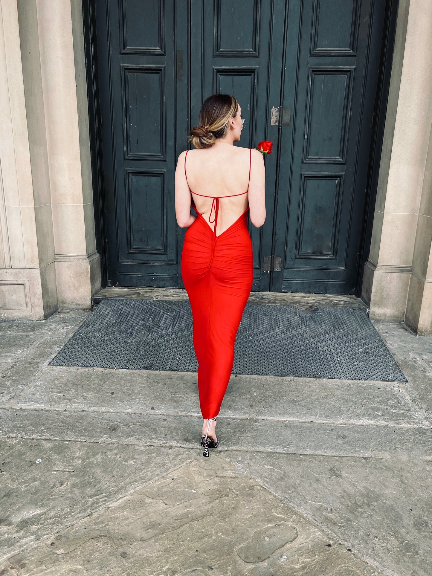 InFlair as seen on Tatler Glamour Vanity Fair and available online and on SilkFred. InFlair is sustainable fashion bran where every piece is handmade from recycled fabrics just like this dress. This ruched pleated back bodycon dress is made from recycled viscose and hand dyes using plant-based not toxic dyes. Made in our Inflair UK Liverpool studio. It has multi styling spaghetti straps. UK based luxury sustainable fashion brand InFlair. Sexy Slim Straps Slinky Bodycon Dress Red Midaxi Dress