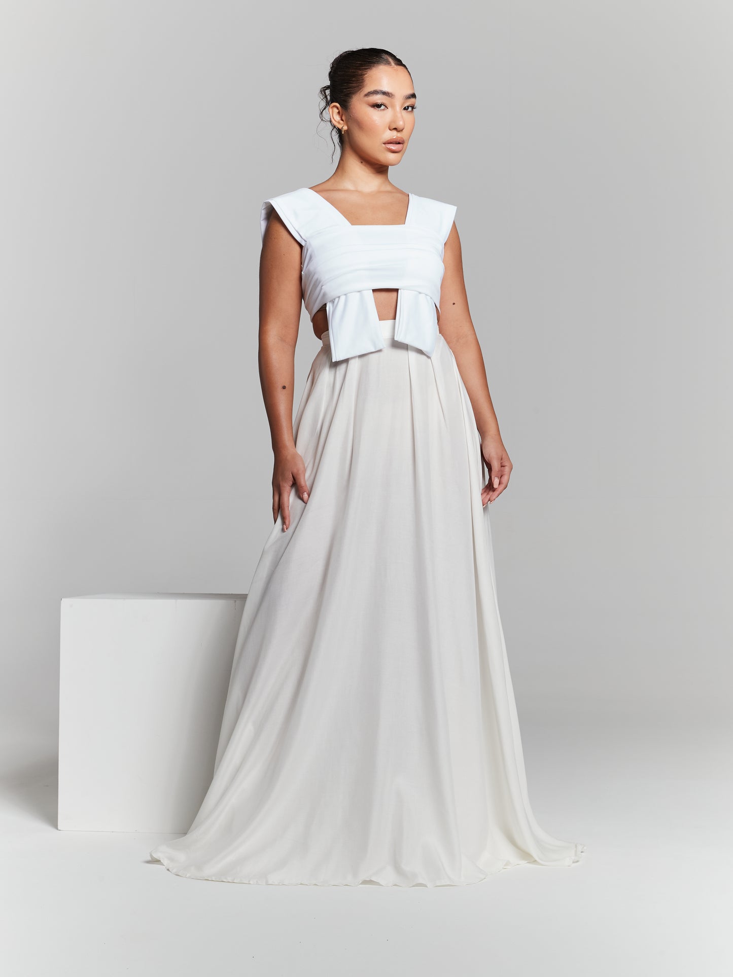 Ivory Recycled Pleated Flared Maxi Skirt