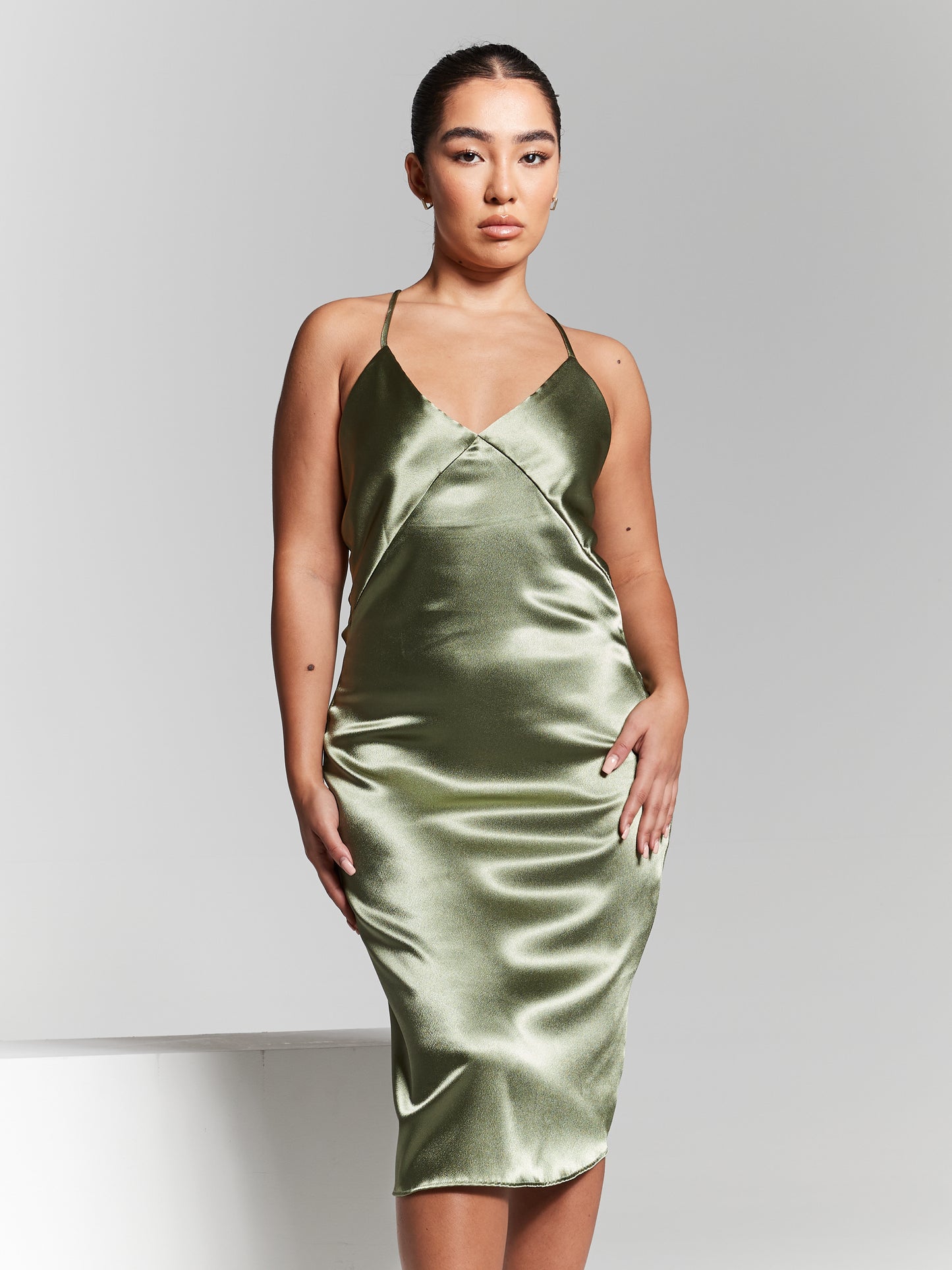 Olive Green Recycled Silk Midi Slip Dress InFlair Olive Green Recycled Silk Midi Slip Dress InFlair