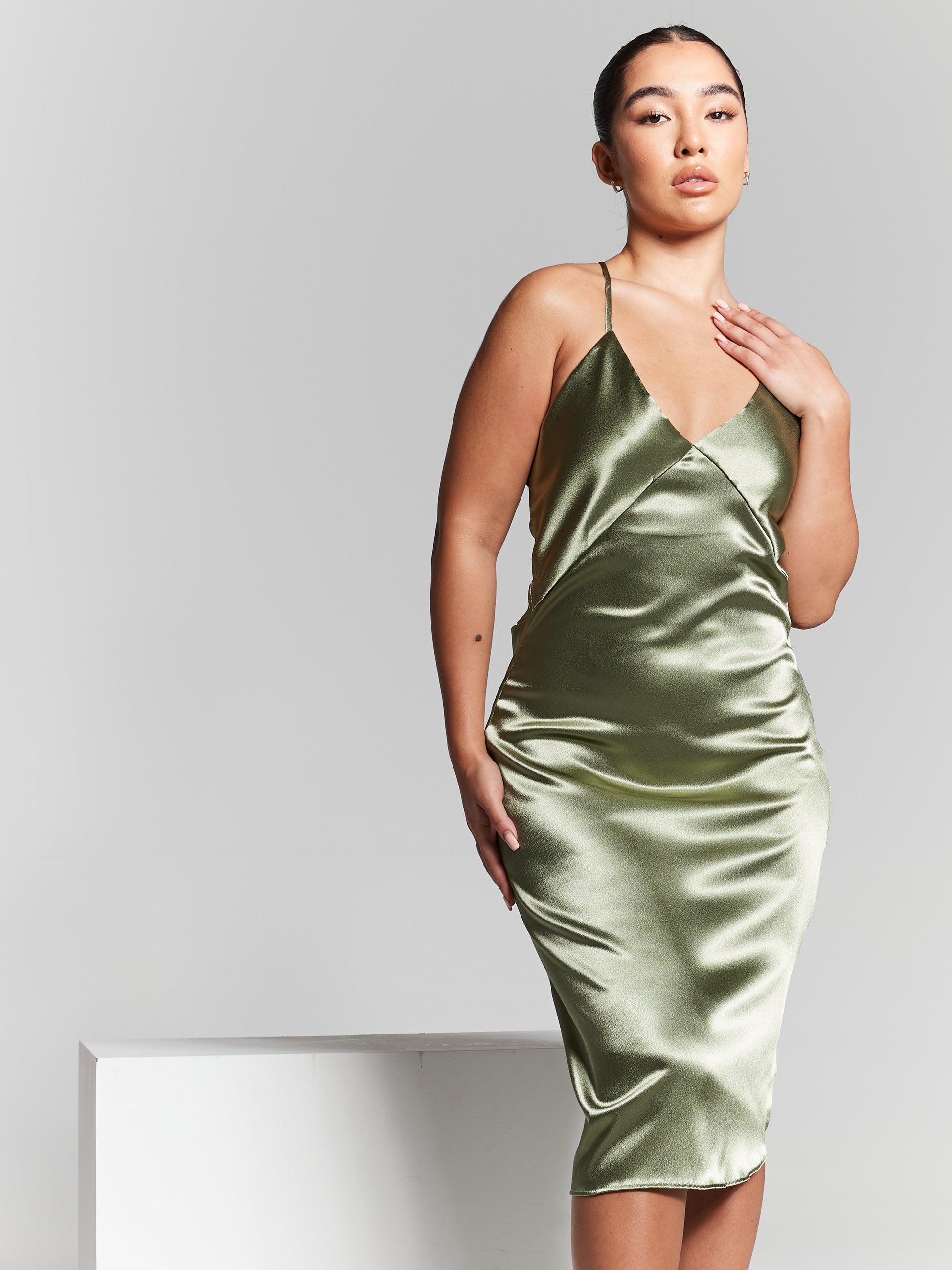 Olive Green Recycled Silk Midi Slip Dress InFlair Olive Green Recycled Silk Midi Slip Dress InFlair
