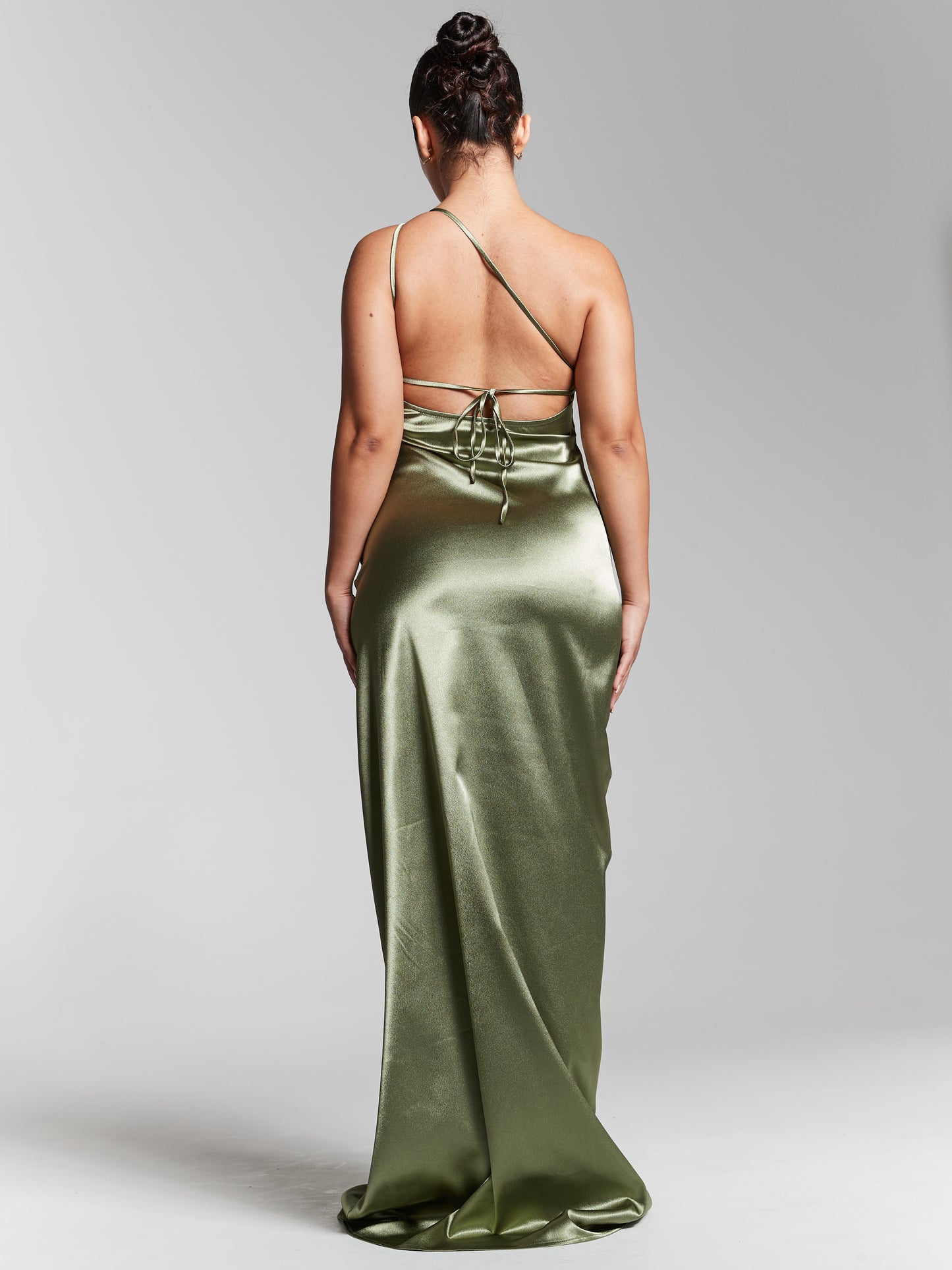 Olive Green Recycled Silk One Shoulder Maxi Slip Dress