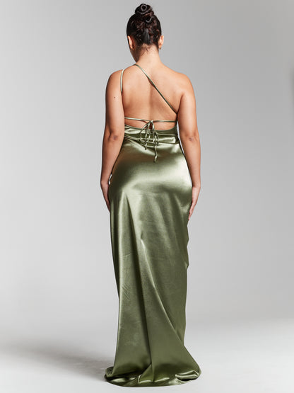 Olive Green Recycled Silk One Shoulder Maxi Slip Dress