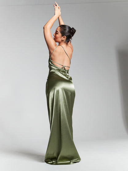 Olive Green Recycled Silk One Shoulder Maxi Slip Dress