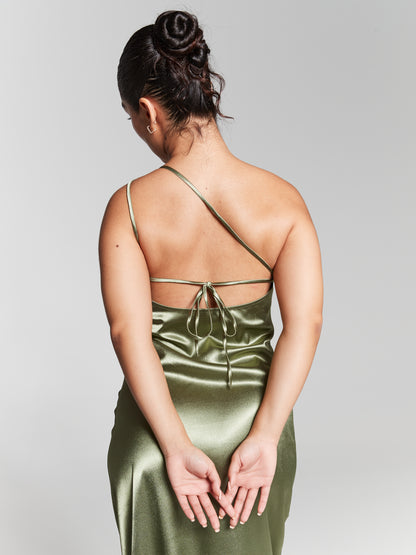 Olive Green Recycled Silk One Shoulder Maxi Slip Dress