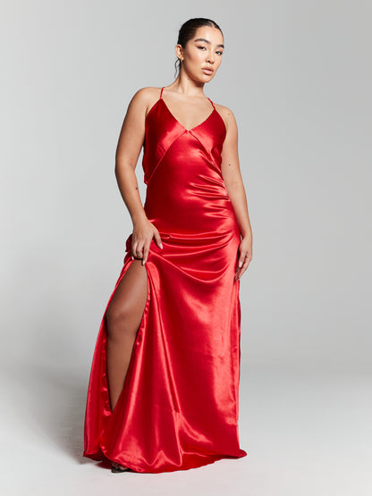 Red Recycled Silk Maxi Split Dress
