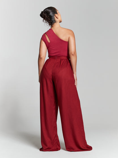 Wardrobe Essential Women's Red Wide-Leg Trousers Bold and Beautiful: Red Wide-Leg Trousers for Women Red-Hot Fashion Women's Wide-Leg Trousers in Vibrant Red Ladies tall recycled eco rayon viscose petite wide leg flared trouser in standard wide leg pleated recycled viscose trousers handmade designed in UK. Join the movement toward a more sustainable fashion future. Add these maroon wide leg flares to your cart and experience eco-friendly fashion like never before.